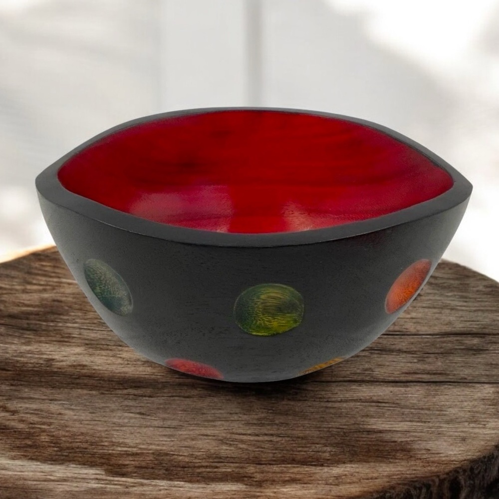 Hand Carved Wood Bowl Decor, Hand Painted Black, Red And Muti-colored Polka Dots